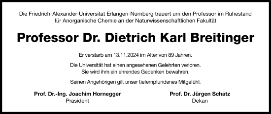 Traueranzeige von Dietrich Karl Breitinger von Gesamtausgabe Nürnberger Nachrichten/ Nürnberger Ztg.
