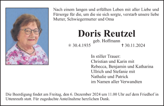 Traueranzeige von Doris Reutzel von Erlanger Nachrichten Lokal
