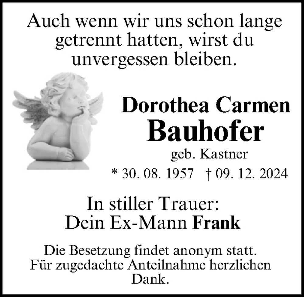  Traueranzeige für Dorothea Carmen Bauhofer vom 14.12.2024 aus Gesamtausgabe Nürnberger Nachrichten/ Nürnberger Ztg.
