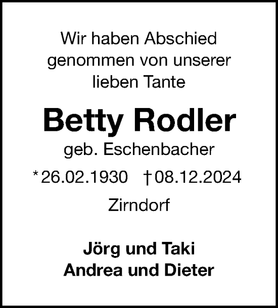 Traueranzeige von Betty Rodler von Fürther Nachrichten Lokal