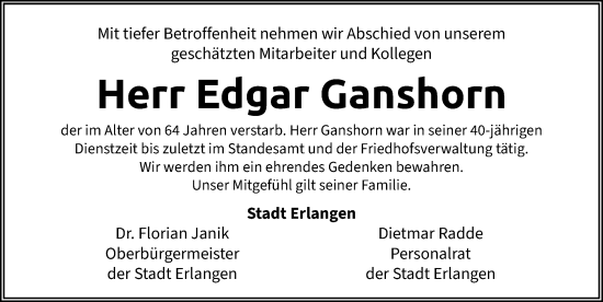 Traueranzeige von Edgar Ganshorn von Erlanger Nachrichten Lokal