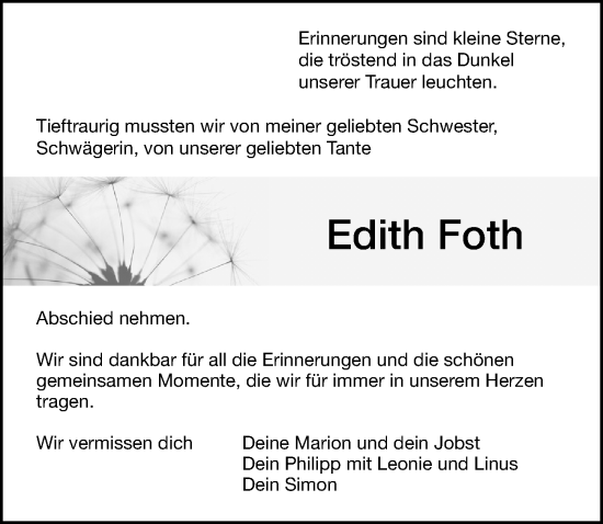 Traueranzeige von Edith Foth von Fürther Nachrichten Lokal