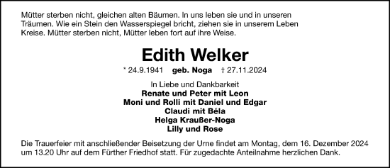 Traueranzeige von Edith Welker von Fürther Nachrichten Lokal