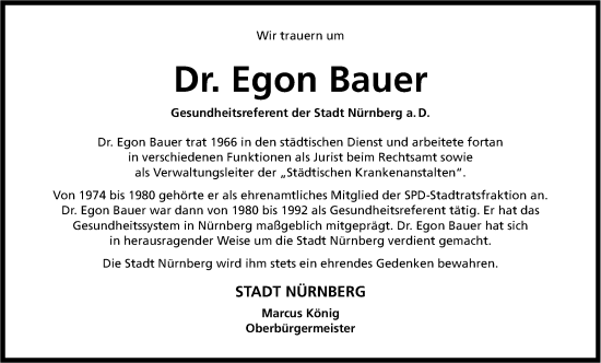 Traueranzeige von Egon Bauer von Gesamtausgabe Nürnberger Nachrichten/ Nürnberger Ztg.