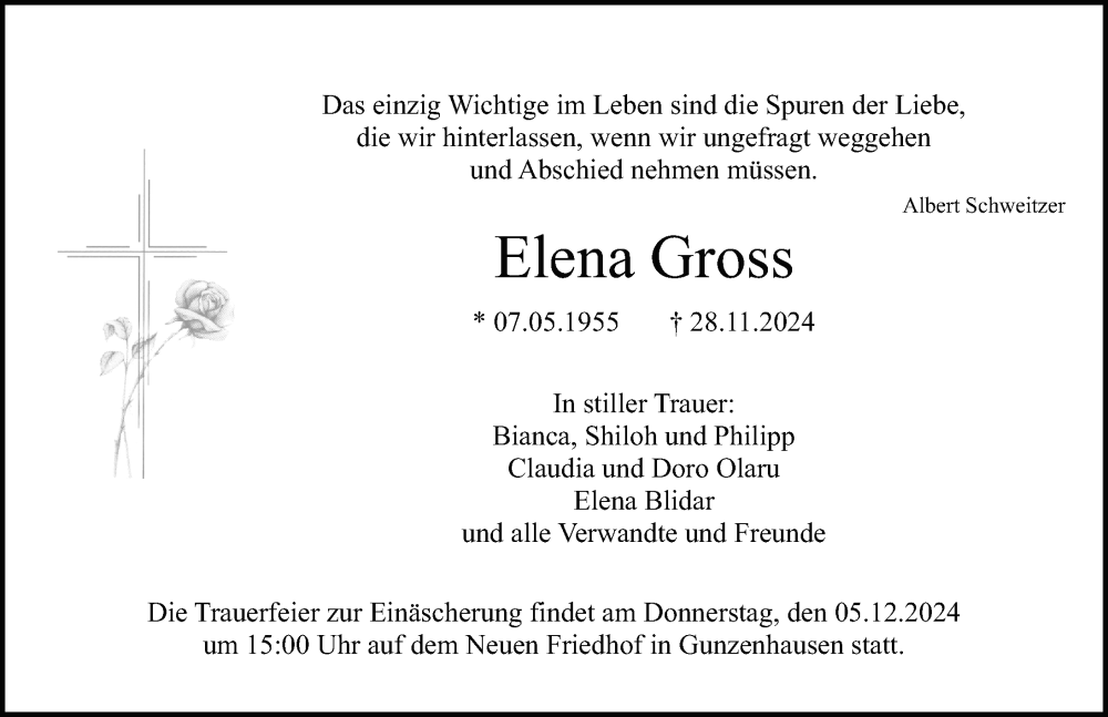  Traueranzeige für Elena Gross vom 04.12.2024 aus Altmühl-Bote Lokal