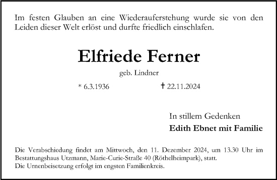 Traueranzeige von Elfriede Ferner von Erlanger Nachrichten Lokal