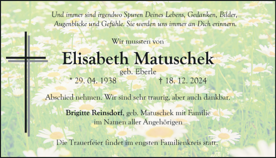 Traueranzeige von Elisabeth Matuschek von Gesamtausgabe Nürnberger Nachrichten/ Nürnberger Ztg.