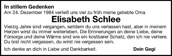 Traueranzeige von Elisabeth Schlee von Gesamtausgabe Nürnberger Nachrichten/ Nürnberger Ztg.