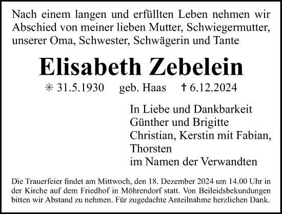 Traueranzeige von Elisabeth Zebelein von Erlanger Nachrichten Lokal