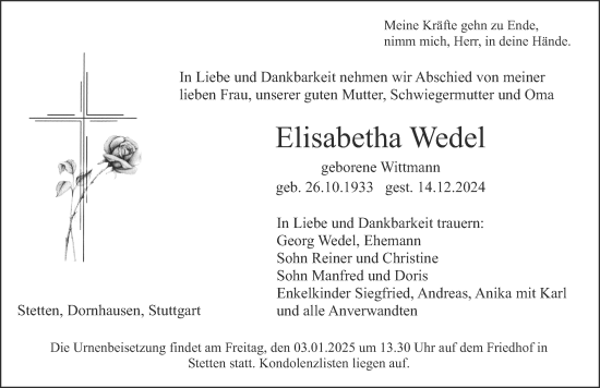 Traueranzeige von Elisabetha Wedel von Altmühl-Bote Lokal