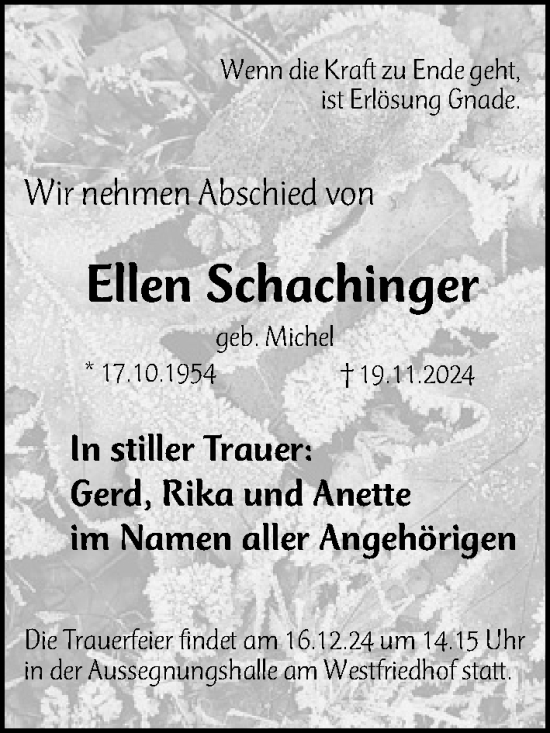 Traueranzeige von Ellen Schachinger von Gesamtausgabe Nürnberger Nachrichten/ Nürnberger Ztg.