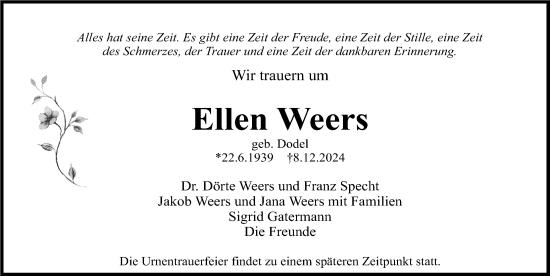 Traueranzeige von Ellen Weers von Gesamtausgabe Nürnberger Nachrichten/ Nürnberger Ztg.
