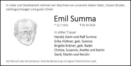 Traueranzeige von Emil Summa von Gesamtausgabe Nürnberger Nachrichten/ Nürnberger Ztg.