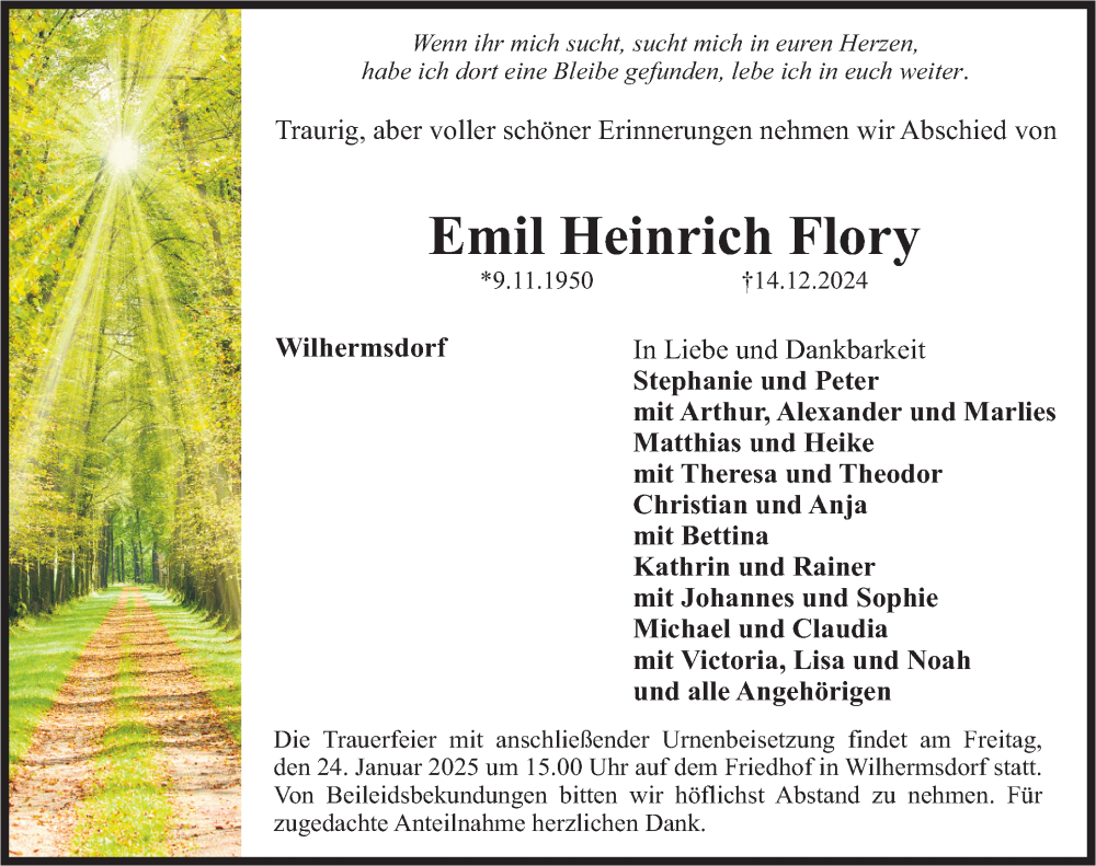  Traueranzeige für Emil Heinrich Flory vom 30.12.2024 aus Fürther Nachrichten Lokal