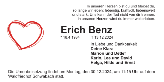 Traueranzeige von Erich Benz von Schwabacher Tagblatt Lokal
