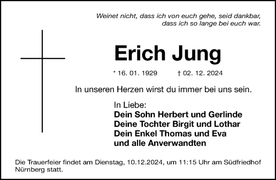 Traueranzeige von Erich Jung von Gesamtausgabe Nürnberger Nachrichten/ Nürnberger Ztg.