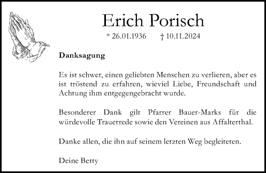 Traueranzeige von Erich Porisch von Gesamtausgabe Nürnberger Nachrichten/ Nürnberger Ztg.