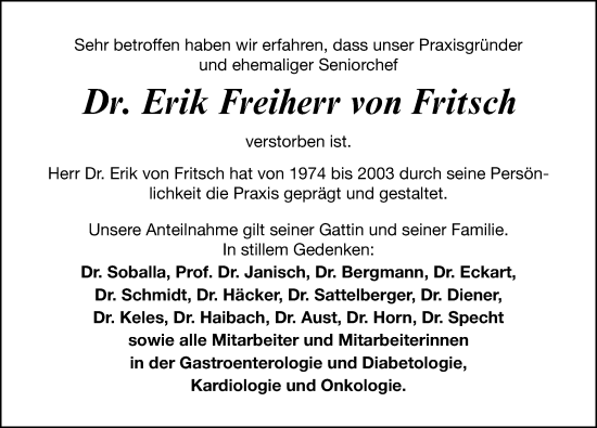 Traueranzeige von Erik Freiherr von Fritsch von Erlanger Nachrichten Lokal