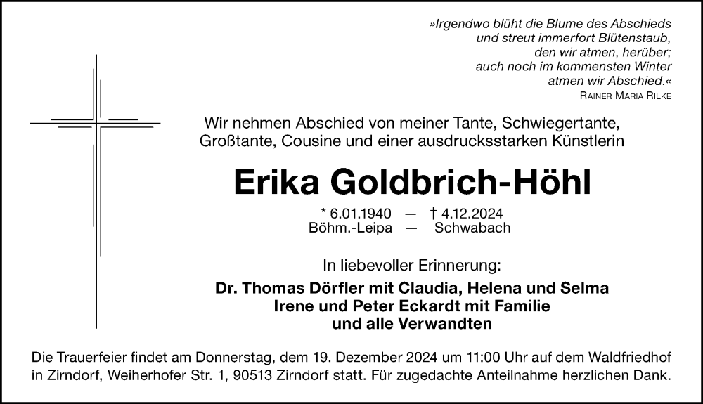  Traueranzeige für Erika Goldbrich-Höhl vom 14.12.2024 aus Gesamtausgabe Nürnberger Nachrichten/ Nürnberger Ztg.