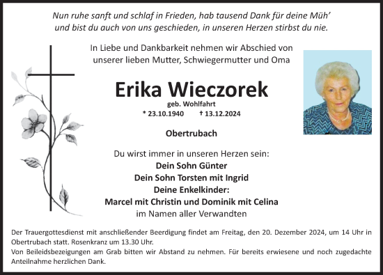 Traueranzeige von Erika Wieczorek von Nordbayerische Nachrichten Forchheim Lokal