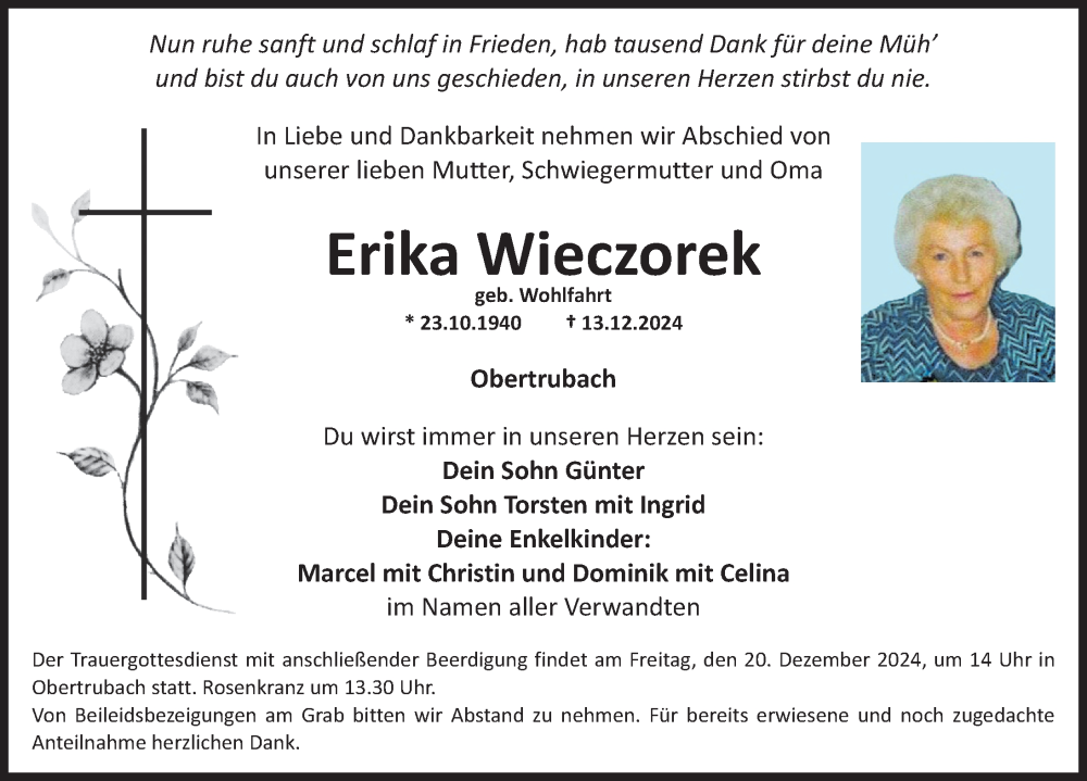  Traueranzeige für Erika Wieczorek vom 17.12.2024 aus Nordbayerische Nachrichten Forchheim Lokal