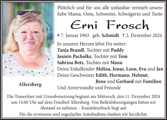 Traueranzeige von Erni Frosch von Roth-Hilpoltsteiner Volkszeitung Lokal