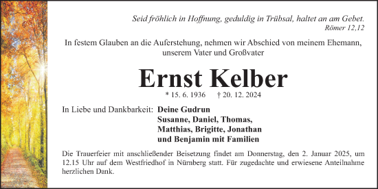 Traueranzeige von Ernst Kelber von Gesamtausgabe Nürnberger Nachrichten/ Nürnberger Ztg.