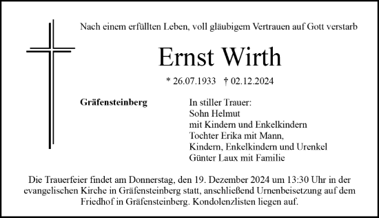 Traueranzeige von Ernst Wirth von Altmühl-Bote Lokal