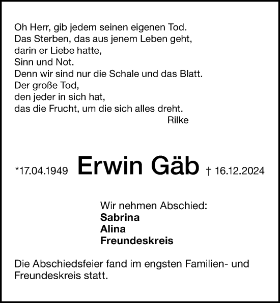 Traueranzeige von Erwin Gäb von Gesamtausgabe Nürnberger Nachrichten/ Nürnberger Ztg.