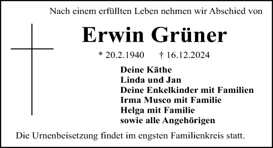Traueranzeige von Erwin Grüner von Fürther Nachrichten Lokal