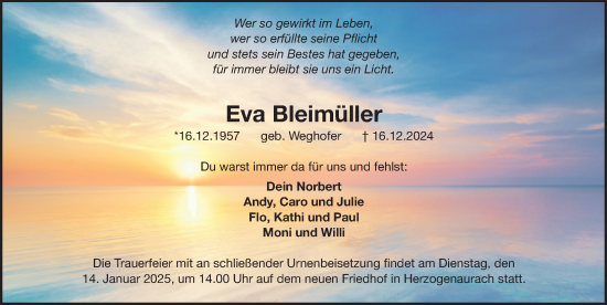 Traueranzeige von Eva Bleimüller von Gesamtausgabe Nürnberger Nachrichten/ Nürnberger Ztg.