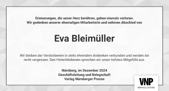 Traueranzeige von Eva Bleimüller von Gesamtausgabe Nürnberger Nachrichten/ Nürnberger Ztg.