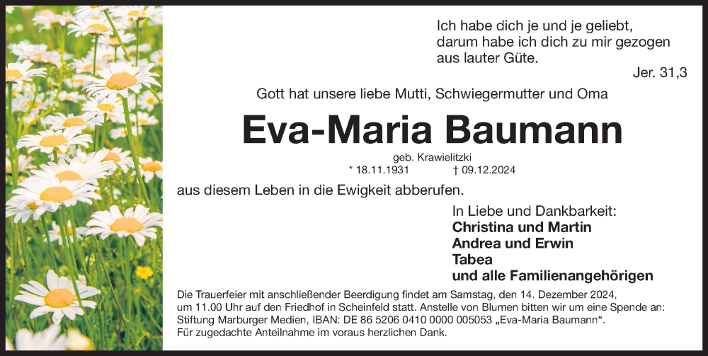  Traueranzeige für Eva-Maria Baumann vom 12.12.2024 aus Gesamtausgabe Nürnberger Nachrichten/ Nürnberger Ztg.
