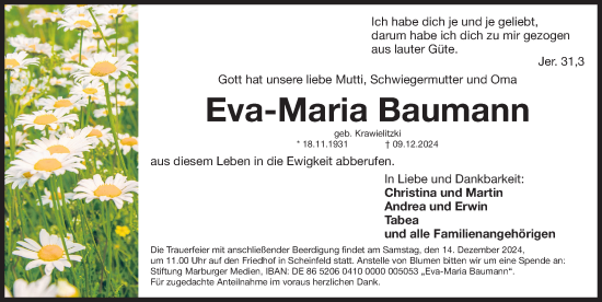 Traueranzeige von Eva-Maria Baumann von Gesamtausgabe Nürnberger Nachrichten/ Nürnberger Ztg.