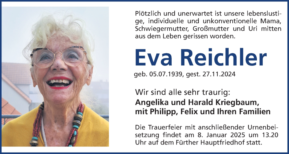  Traueranzeige für Eva Reichler vom 21.12.2024 aus Fürther Nachrichten Lokal