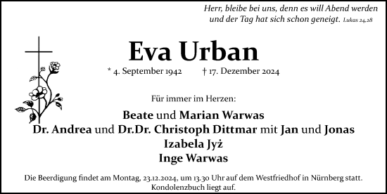 Traueranzeige von Eva Urban von Gesamtausgabe Nürnberger Nachrichten/ Nürnberger Ztg.