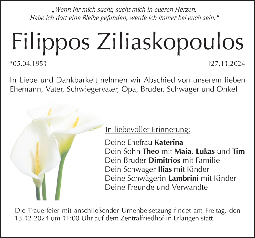  Traueranzeige für Filippos Ziliaskopoulos vom 06.12.2024 aus Erlanger Nachrichten Lokal