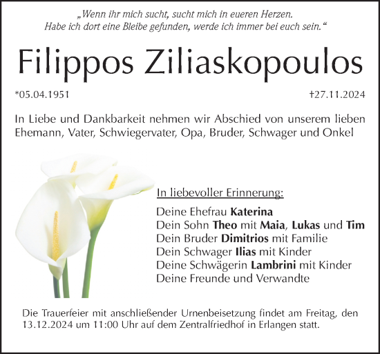Traueranzeige von Filippos Ziliaskopoulos von Erlanger Nachrichten Lokal
