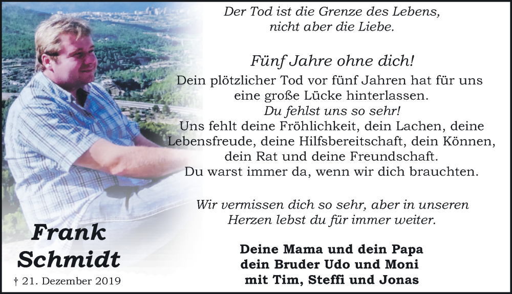  Traueranzeige für Frank Schmidt vom 21.12.2024 aus Schwabacher Tagblatt Lokal