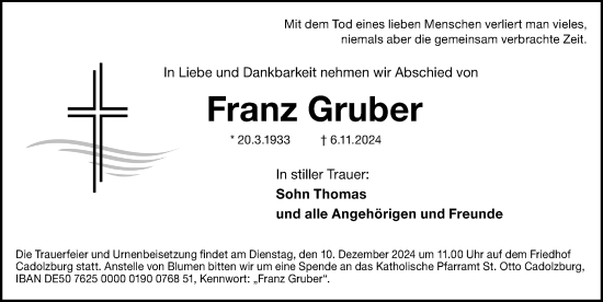 Traueranzeige von Franz Gruber von Gesamtausgabe Nürnberger Nachrichten/ Nürnberger Ztg.