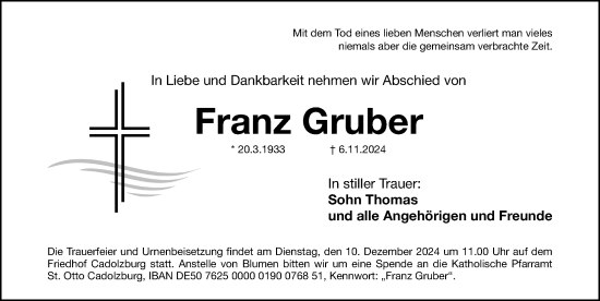 Traueranzeige von Franz Gruber von Fürther Nachrichten Lokal