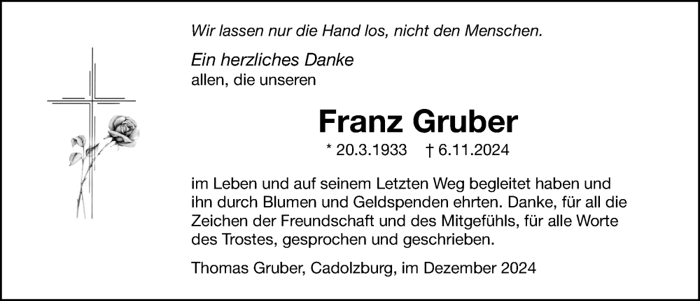  Traueranzeige für Franz Gruber vom 21.12.2024 aus Gesamtausgabe Nürnberger Nachrichten/ Nürnberger Ztg.
