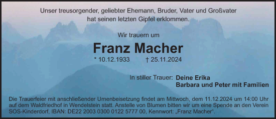 Traueranzeige von Franz Macher von Gesamtausgabe Nürnberger Nachrichten/ Nürnberger Ztg.