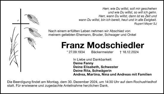 Traueranzeige von Franz Modschiedler von Gesamtausgabe Nürnberger Nachrichten/ Nürnberger Ztg.