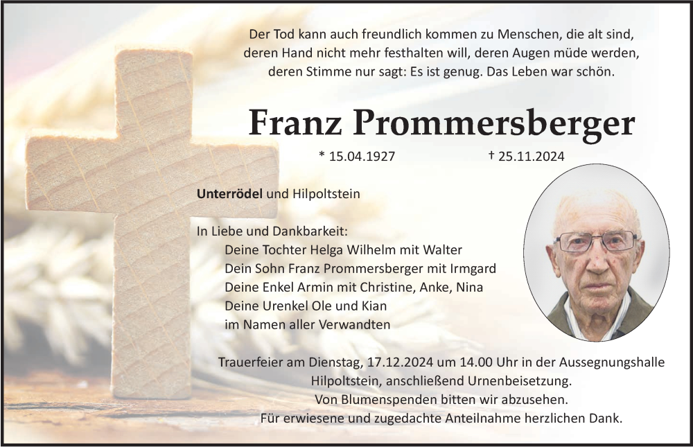  Traueranzeige für Franz Prommersberger vom 14.12.2024 aus Roth-Hilpoltsteiner Volkszeitung Lokal