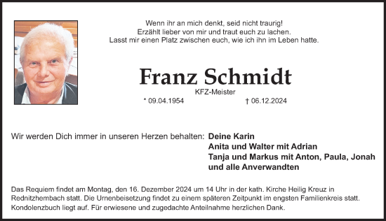 Traueranzeige von Franz Schmidt von Schwabacher Tagblatt Lokal