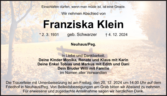 Traueranzeige von Franziska Klein von Nordbayerische Nachrichten Pegnitz Lokal