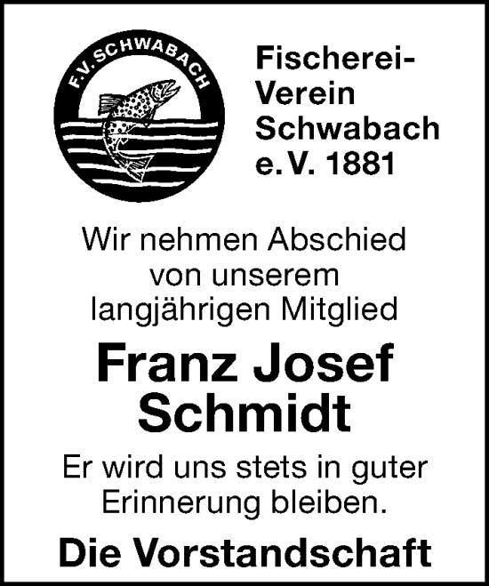 Traueranzeige von Franz Josef Schmidt von Schwabacher Tagblatt Lokal