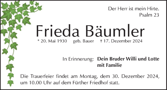 Traueranzeige von Frieda Bäumler von Fürther Nachrichten Lokal