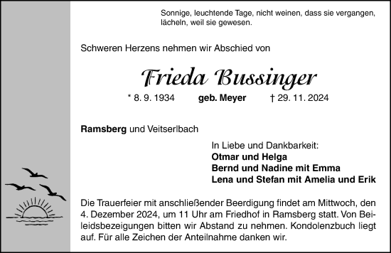 Traueranzeige von Frieda Bussinger von Altmühl-Bote Lokal